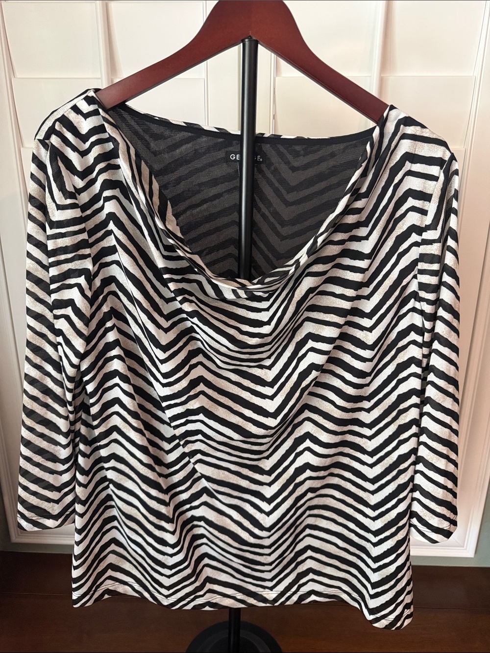 George Black & White Zebra-Print Drape Neck Long Sleeve Top